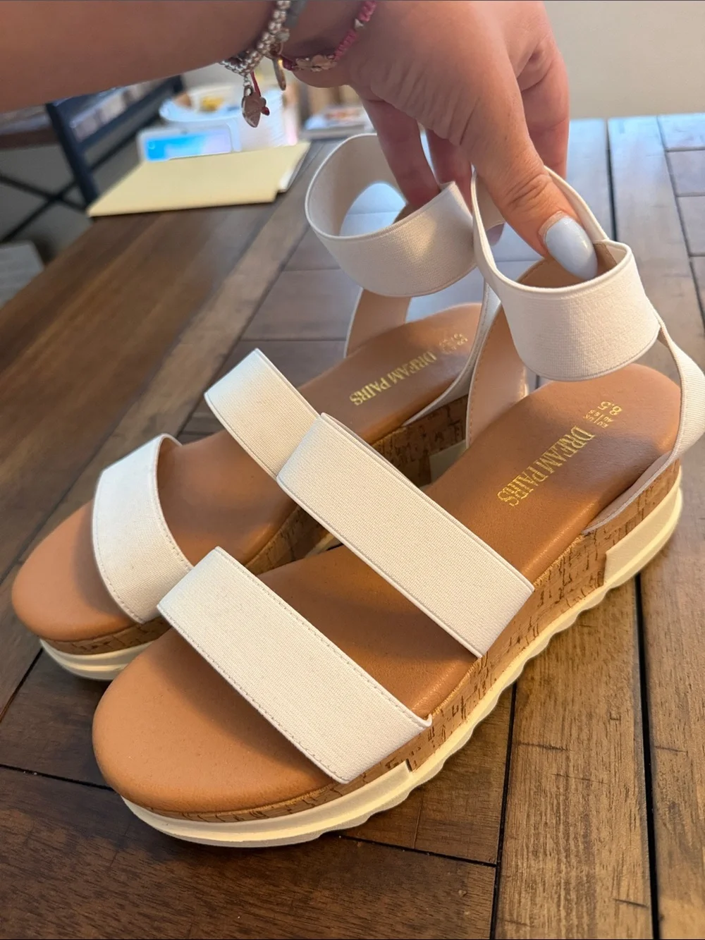 Dream Pairs White Elastic Ankle Strap Cork-Style Platform Wedge Sandals